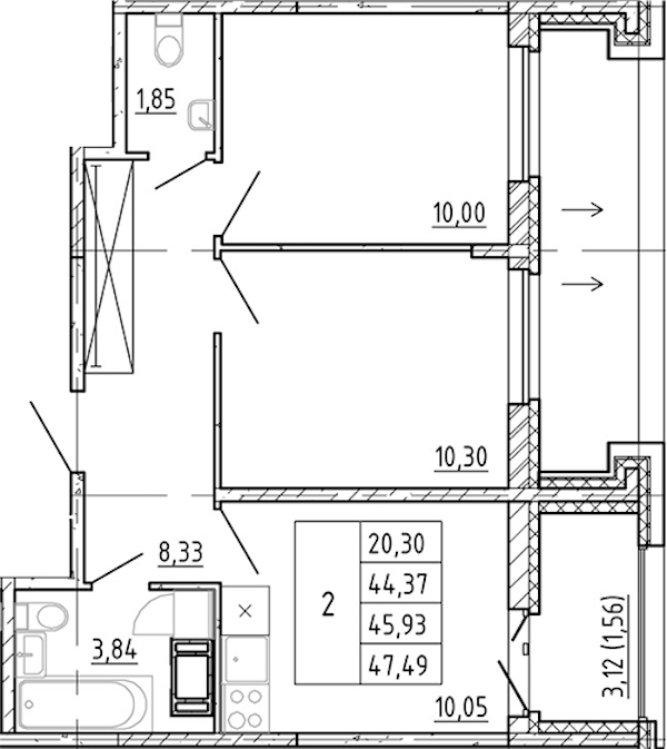 2-комнатная квартира 44.37 м², 11/12 эт., ЖК «Полис Новоселье»